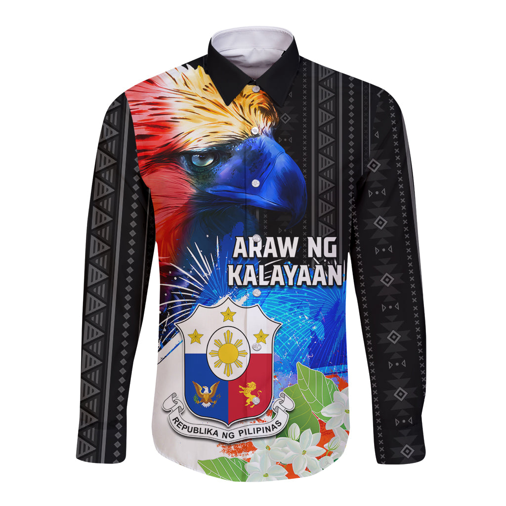 Philippines Independence Day Long Sleeve Button Shirt Philippines Eagle and Sampaguita Jasmine Yakan Tribal LT03 Unisex Black - Polynesian Pride