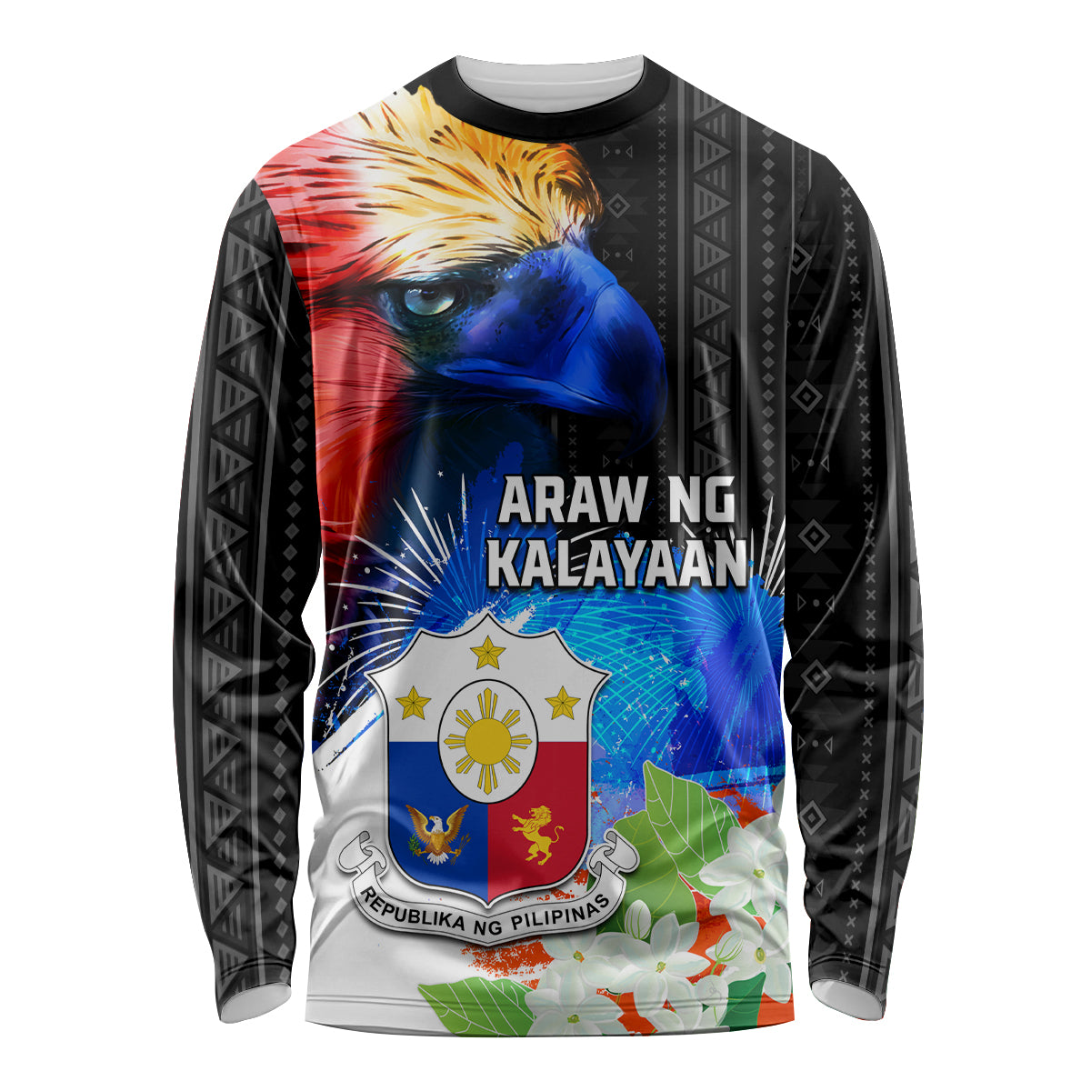 Philippines Independence Day Long Sleeve Shirt Philippines Eagle and Sampaguita Jasmine Yakan Tribal LT03 Unisex Black - Polynesian Pride