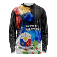 Philippines Independence Day Long Sleeve Shirt Philippines Eagle and Sampaguita Jasmine Yakan Tribal LT03 Unisex Black - Polynesian Pride