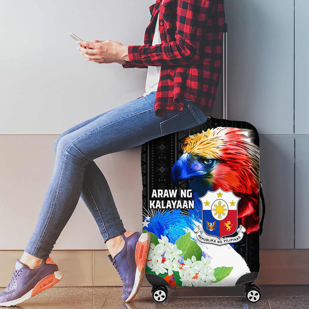 Philippines Independence Day Luggage Cover Philippines Eagle and Sampaguita Jasmine Yakan Tribal