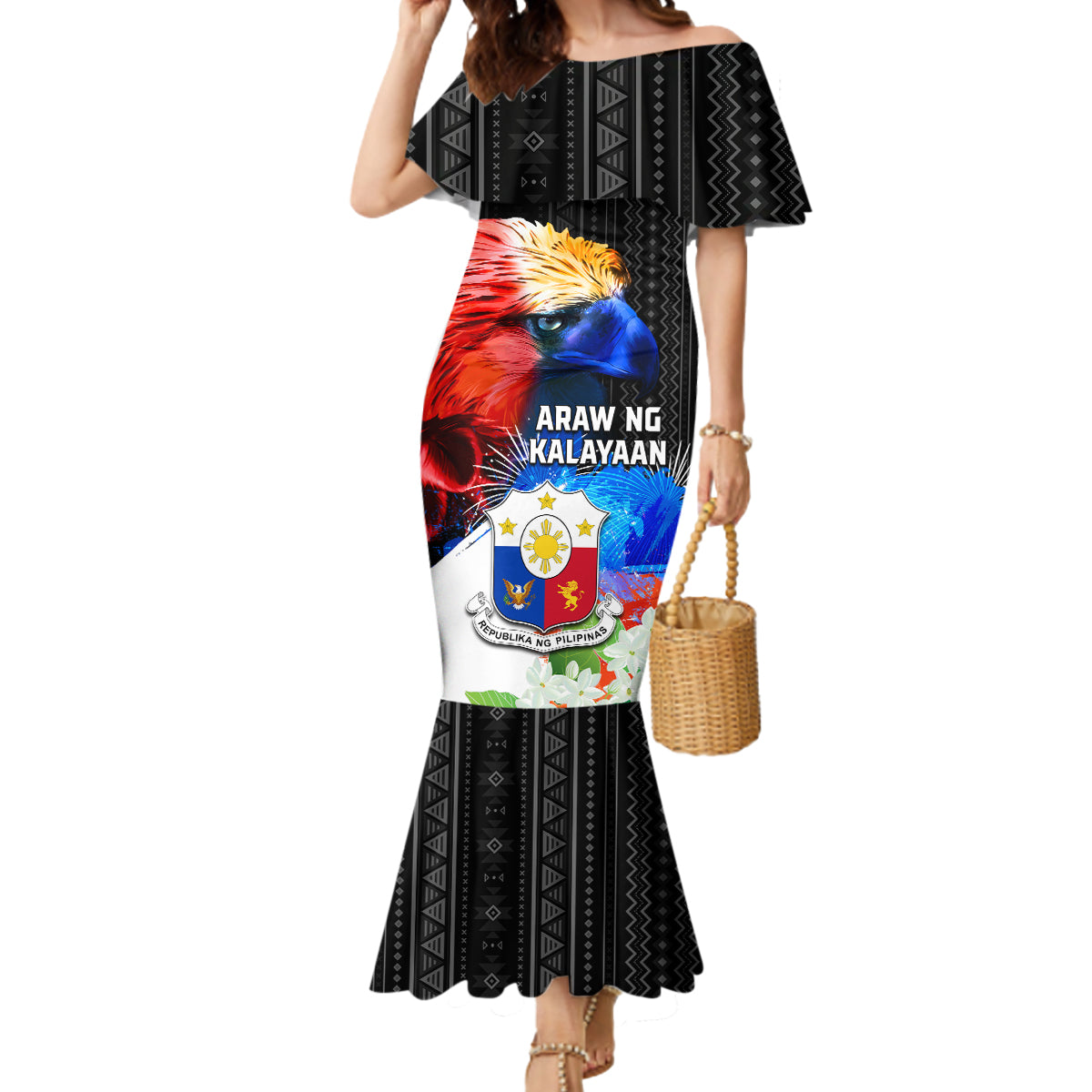 Philippines Independence Day Mermaid Dress Philippines Eagle and Sampaguita Jasmine Yakan Tribal