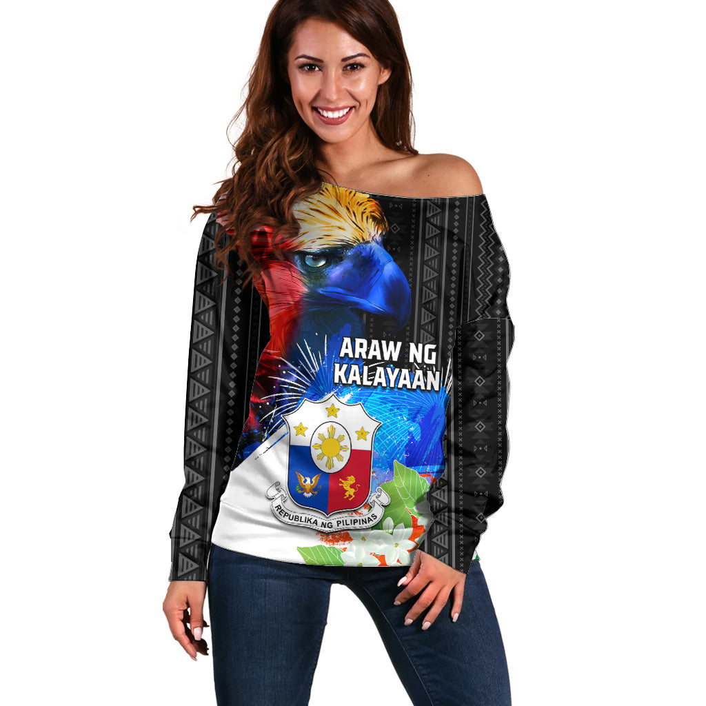 Philippines Independence Day Off Shoulder Sweater Philippines Eagle and Sampaguita Jasmine Yakan Tribal LT03 Women Black - Polynesian Pride