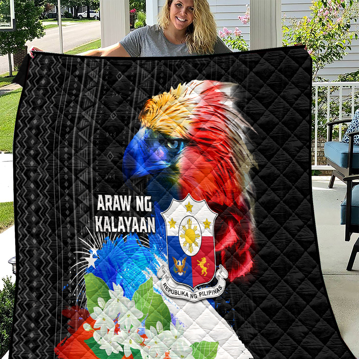 Philippines Independence Day Quilt Philippines Eagle and Sampaguita Jasmine Yakan Tribal LT03 Black - Polynesian Pride