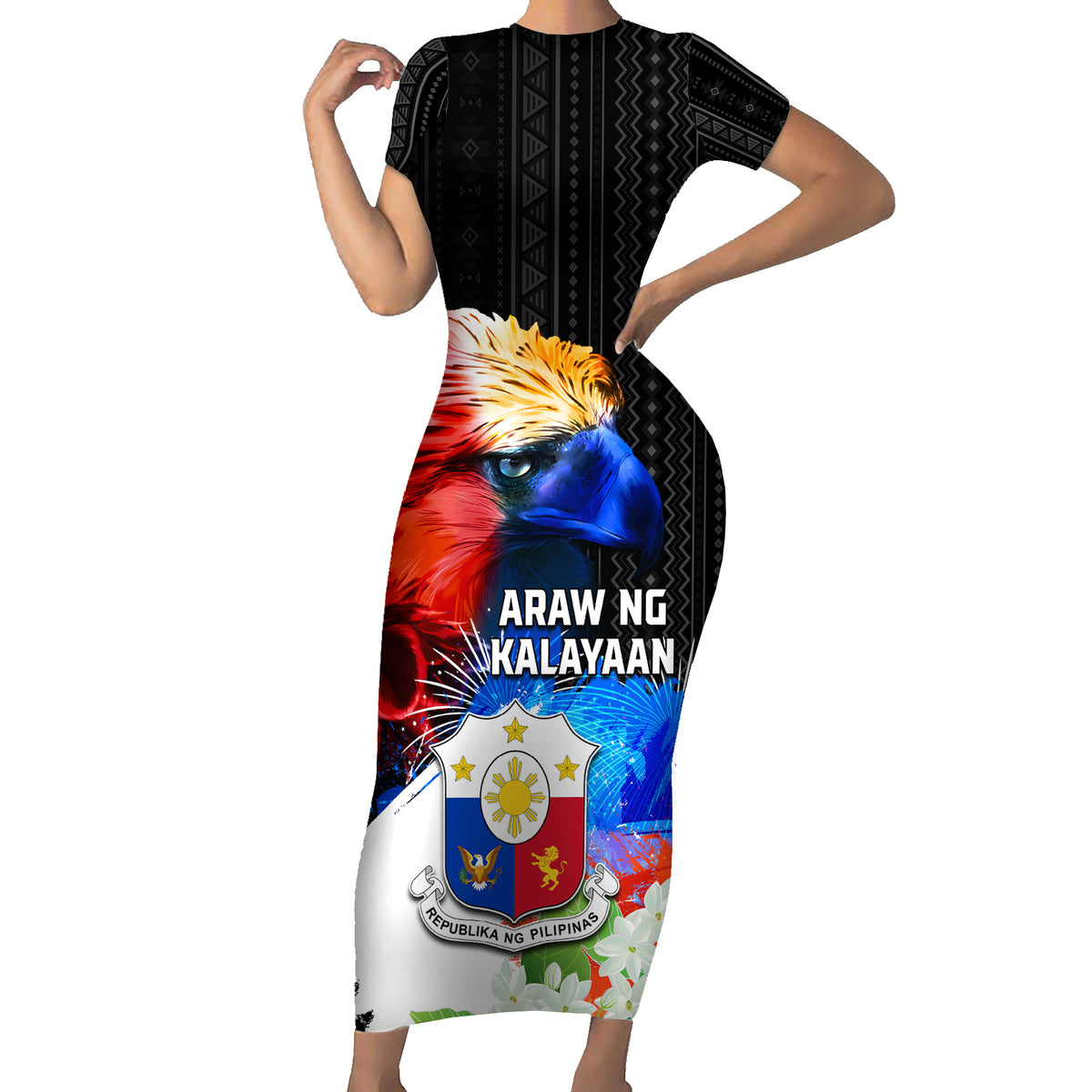 Philippines Independence Day Short Sleeve Bodycon Dress Philippines Eagle and Sampaguita Jasmine Yakan Tribal LT03 Long Dress Black - Polynesian Pride