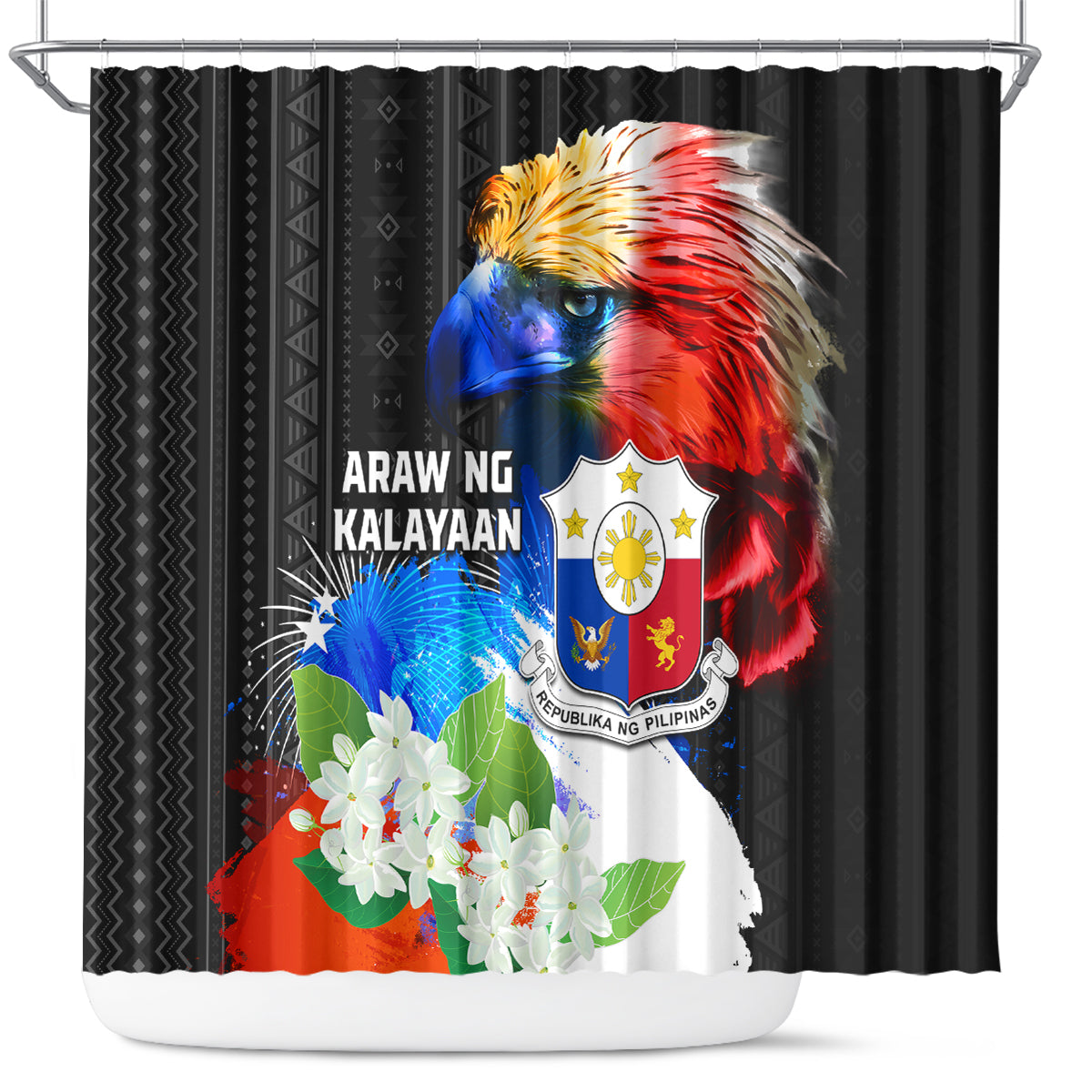 Philippines Independence Day Shower Curtain Philippines Eagle and Sampaguita Jasmine Yakan Tribal LT03 Black - Polynesian Pride