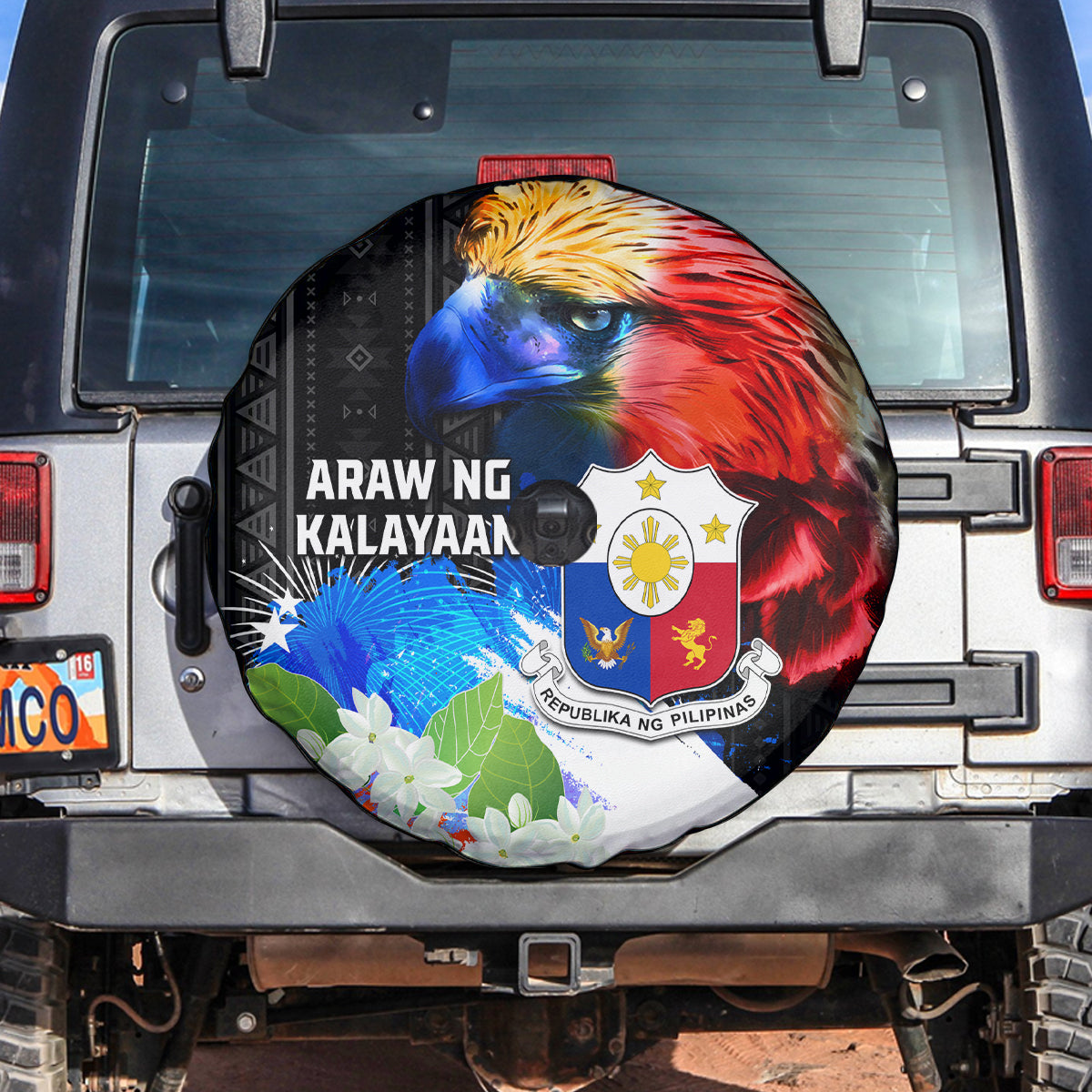 Philippines Independence Day Spare Tire Cover Philippines Eagle and Sampaguita Jasmine Yakan Tribal LT03 Black - Polynesian Pride