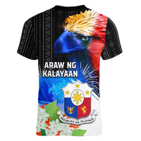 Philippines Independence Day Women V Neck T Shirt Philippines Eagle and Sampaguita Jasmine Yakan Tribal