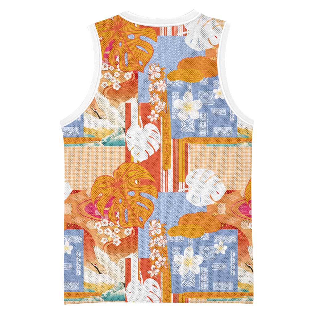 Hawaiian and Japanese Culture Together Basketball Jersey Palaka Japanese Art and Tropical Motif Tribal Patchwork