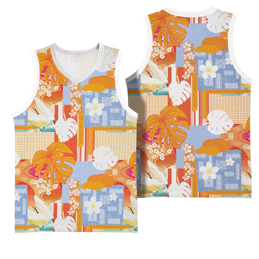 Hawaiian and Japanese Culture Together Basketball Jersey Palaka Japanese Art and Tropical Motif Tribal Patchwork
