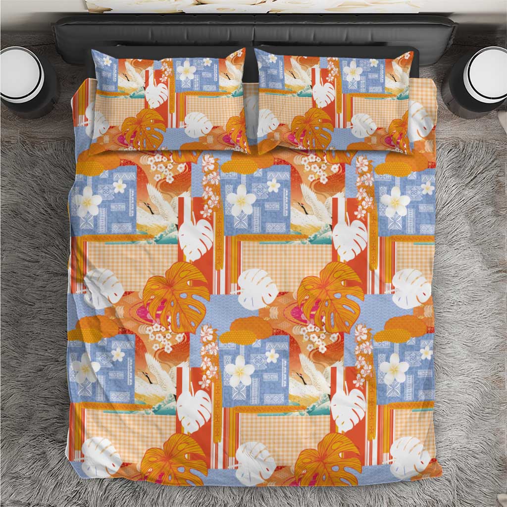 Hawaiian and Japanese Culture Together Bedding Set Palaka Japanese Art and Tropical Motif Tribal Patchwork