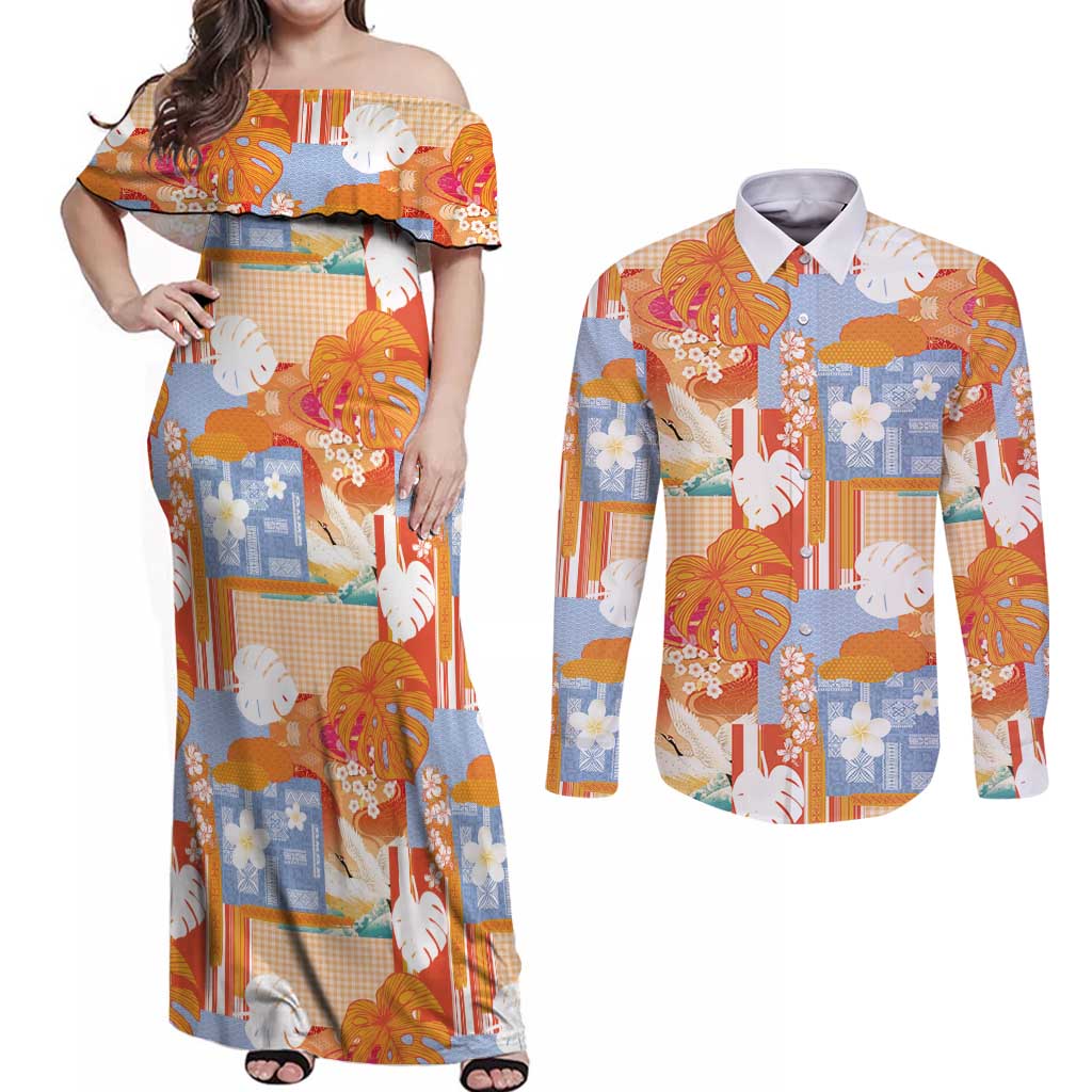 Hawaiian and Japanese Culture Together Couples Matching Off Shoulder Maxi Dress and Long Sleeve Button Shirt Palaka Japanese Art and Tropical Motif Tribal Patchwork
