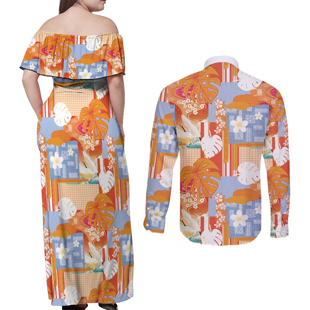 Hawaiian and Japanese Culture Together Couples Matching Off Shoulder Maxi Dress and Long Sleeve Button Shirt Palaka Japanese Art and Tropical Motif Tribal Patchwork