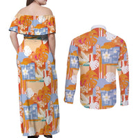 Hawaiian and Japanese Culture Together Couples Matching Off Shoulder Maxi Dress and Long Sleeve Button Shirt Palaka Japanese Art and Tropical Motif Tribal Patchwork