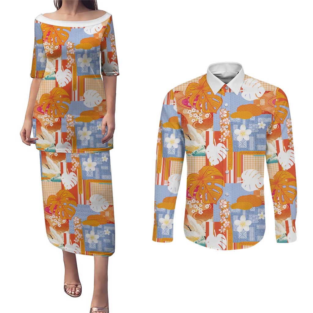Hawaiian and Japanese Culture Together Couples Matching Puletasi and Long Sleeve Button Shirt Palaka Japanese Art and Tropical Motif Tribal Patchwork