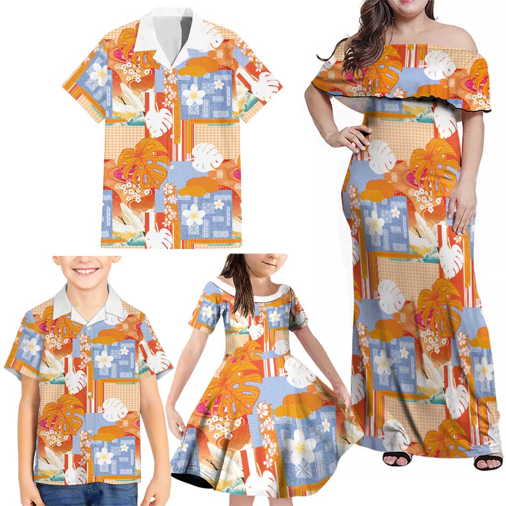 Hawaiian and Japanese Culture Together Family Matching Off Shoulder Maxi Dress and Hawaiian Shirt Palaka Japanese Art and Tropical Motif Tribal Patchwork LT03 - Polynesian Pride
