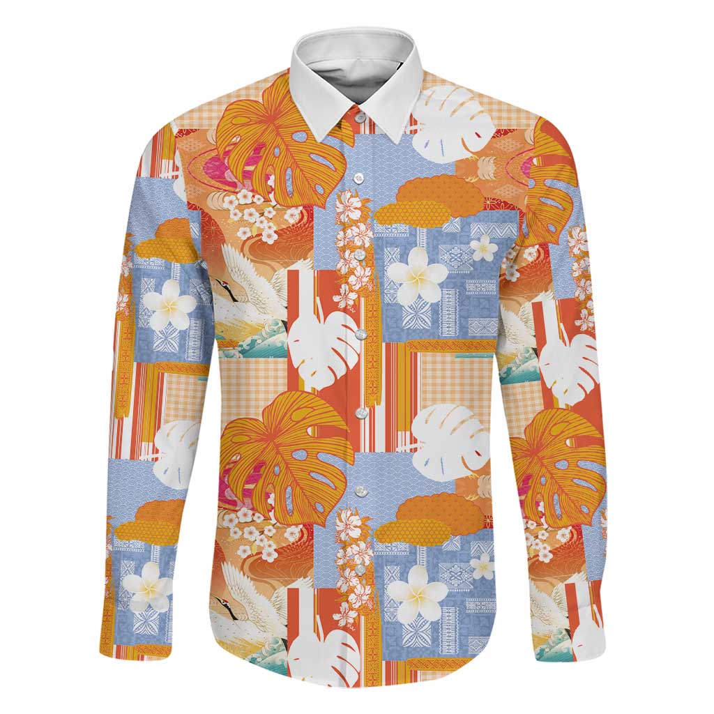 Hawaiian and Japanese Culture Together Family Matching Short Sleeve Bodycon Dress and Hawaiian Shirt Palaka Japanese Art and Tropical Motif Tribal Patchwork LT03 Dad's Shirt - Long Sleeve Multicolor - Polynesian Pride