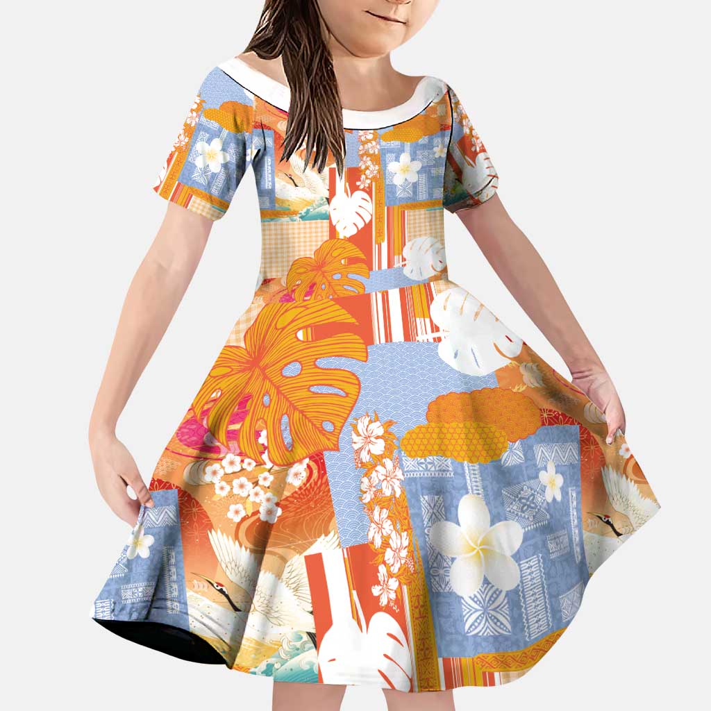 Hawaiian and Japanese Culture Together Family Matching Tank Maxi Dress and Hawaiian Shirt Palaka Japanese Art and Tropical Motif Tribal Patchwork LT03 Daughter's Dress Multicolor - Polynesian Pride