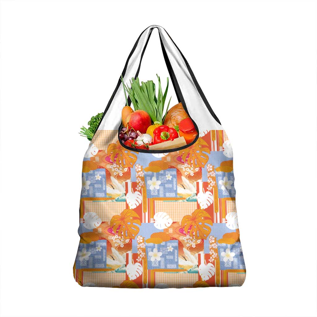Hawaiian and Japanese Culture Together Grocery Bag Palaka Japanese Art and Tropical Motif Tribal Patchwork