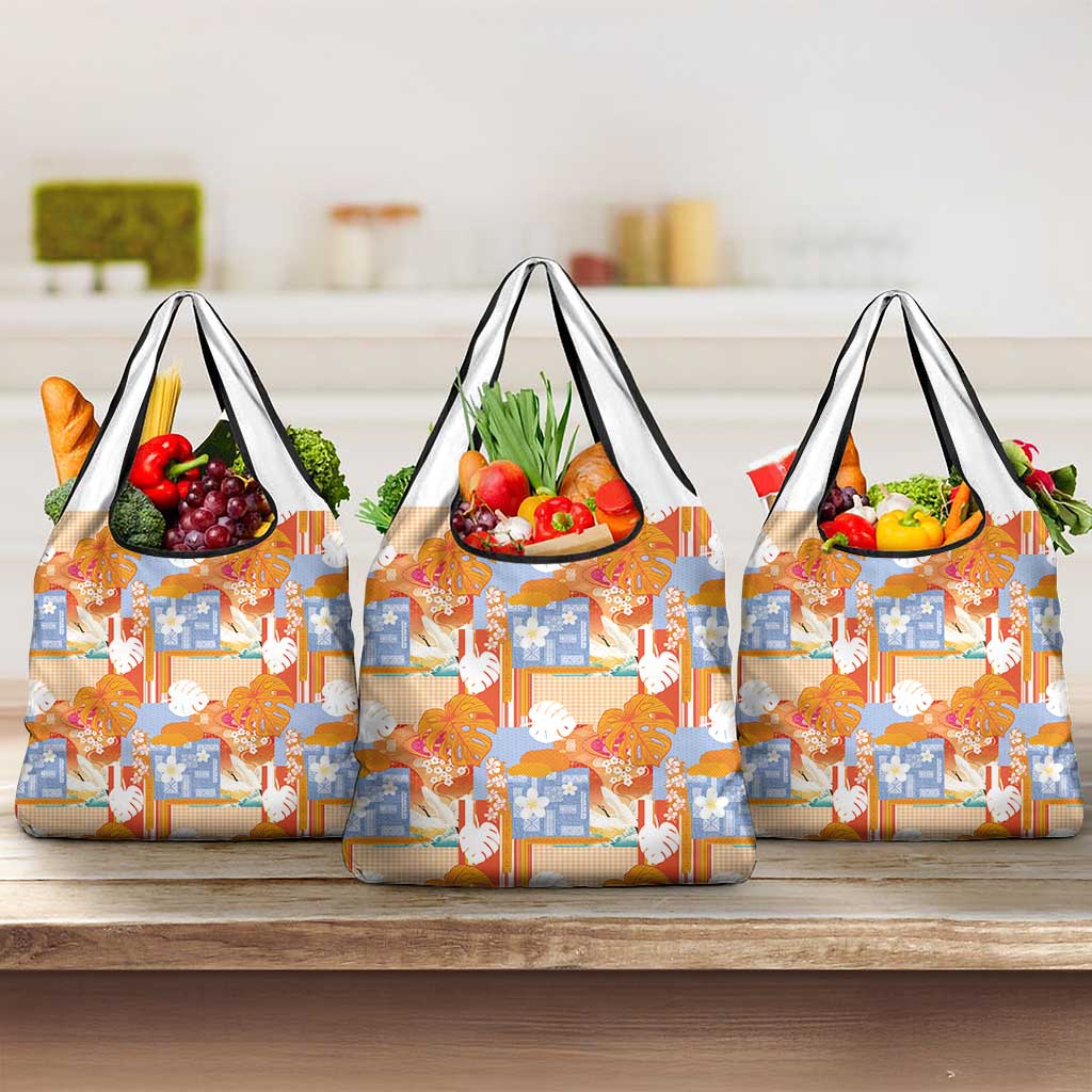 Hawaiian and Japanese Culture Together Grocery Bag Palaka Japanese Art and Tropical Motif Tribal Patchwork