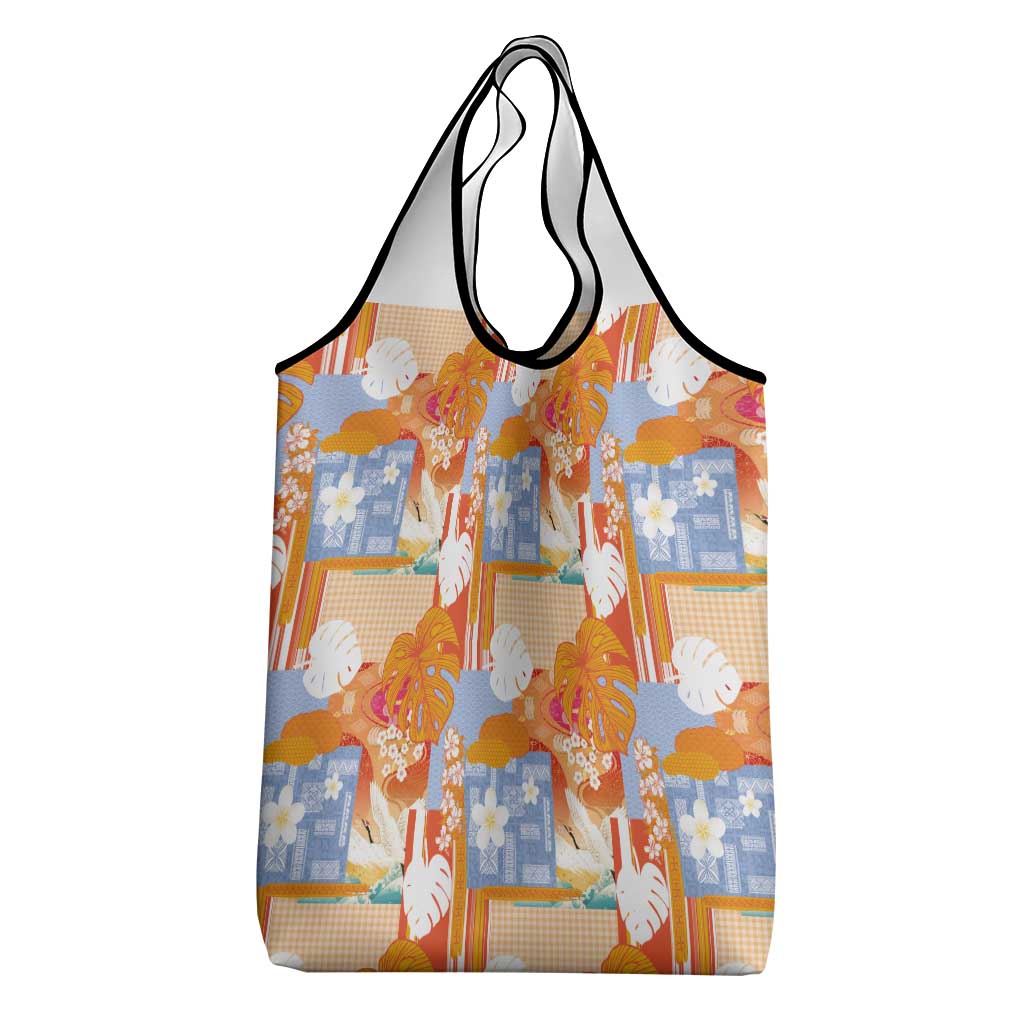 Hawaiian and Japanese Culture Together Grocery Bag Palaka Japanese Art and Tropical Motif Tribal Patchwork