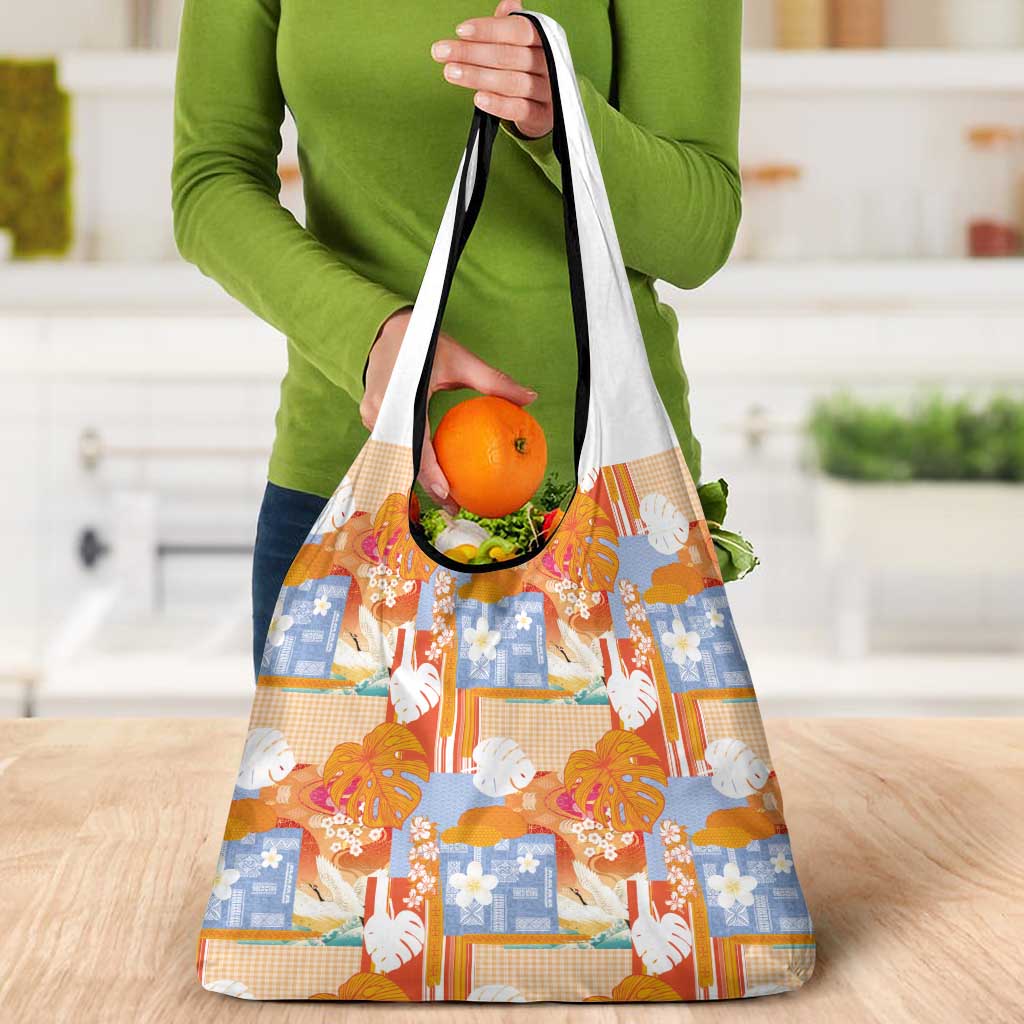 Hawaiian and Japanese Culture Together Grocery Bag Palaka Japanese Art and Tropical Motif Tribal Patchwork