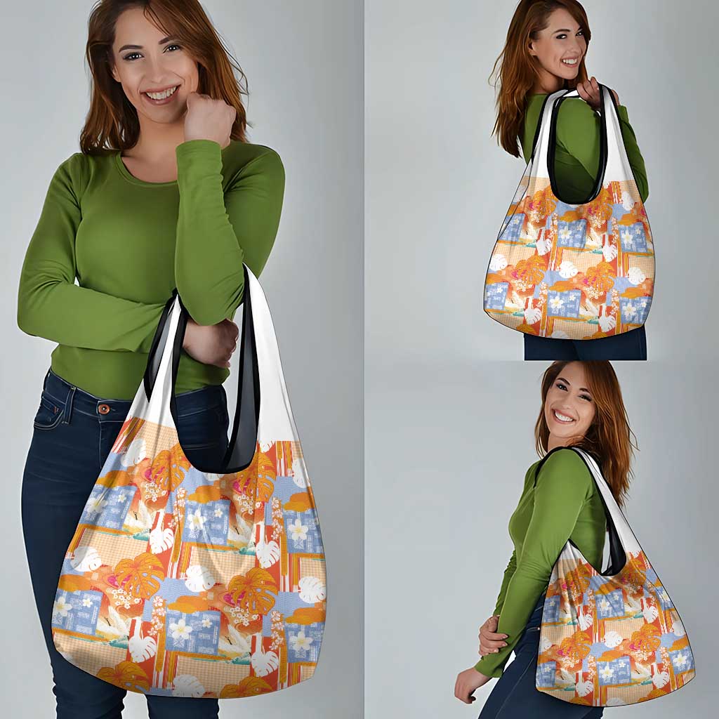 Hawaiian and Japanese Culture Together Grocery Bag Palaka Japanese Art and Tropical Motif Tribal Patchwork