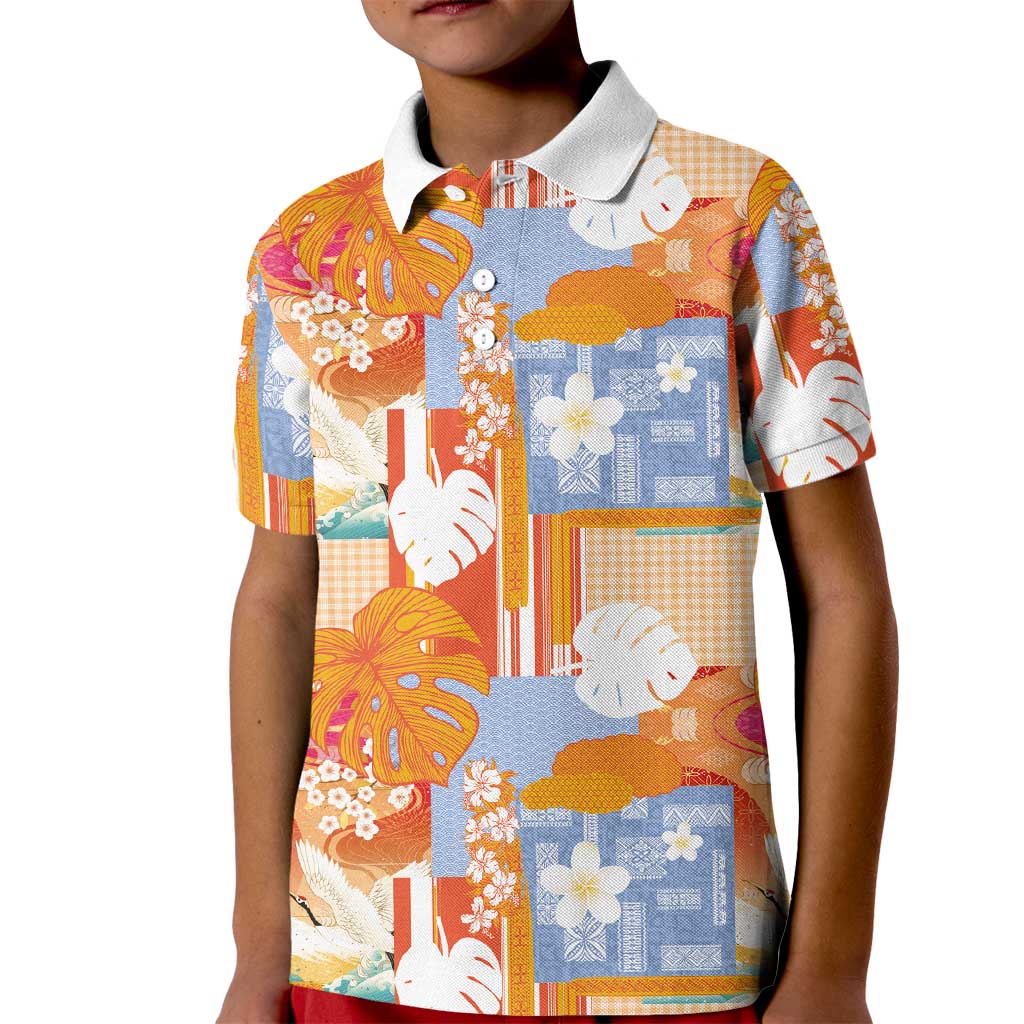 Hawaiian and Japanese Culture Together Kid Polo Shirt Palaka Japanese Art and Tropical Motif Tribal Patchwork