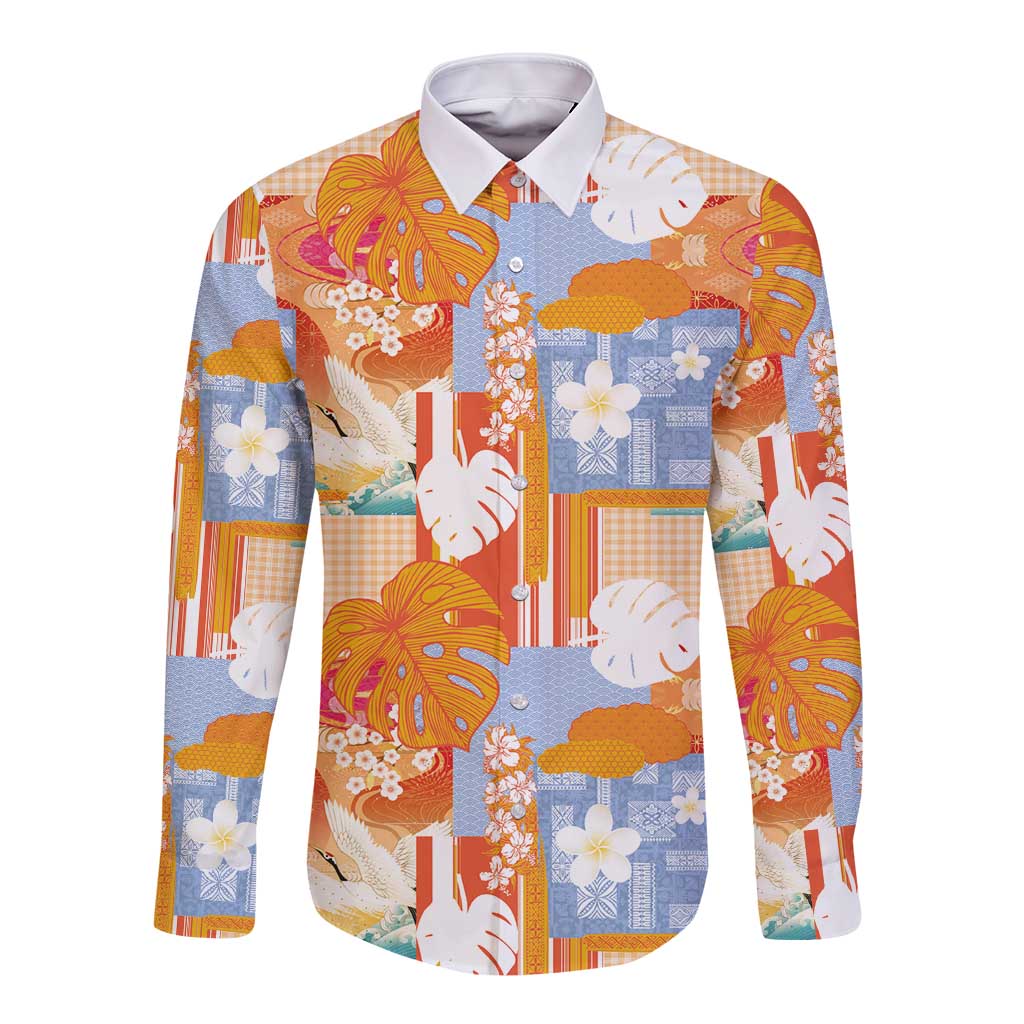 Hawaiian and Japanese Culture Together Long Sleeve Button Shirt Palaka Japanese Art and Tropical Motif Tribal Patchwork