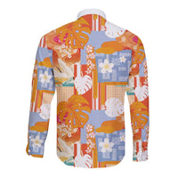Hawaiian and Japanese Culture Together Long Sleeve Button Shirt Palaka Japanese Art and Tropical Motif Tribal Patchwork
