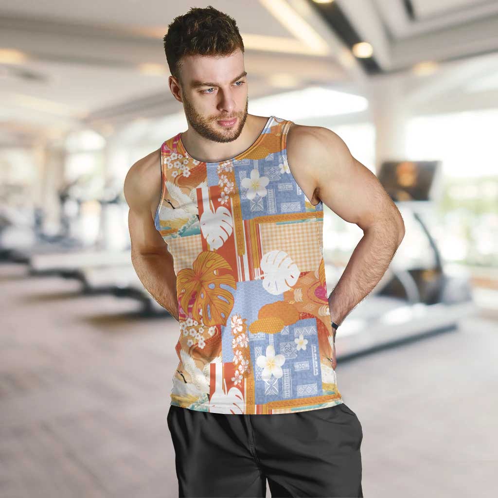 Hawaiian and Japanese Culture Together Men Tank Top Palaka Japanese Art and Tropical Motif Tribal Patchwork