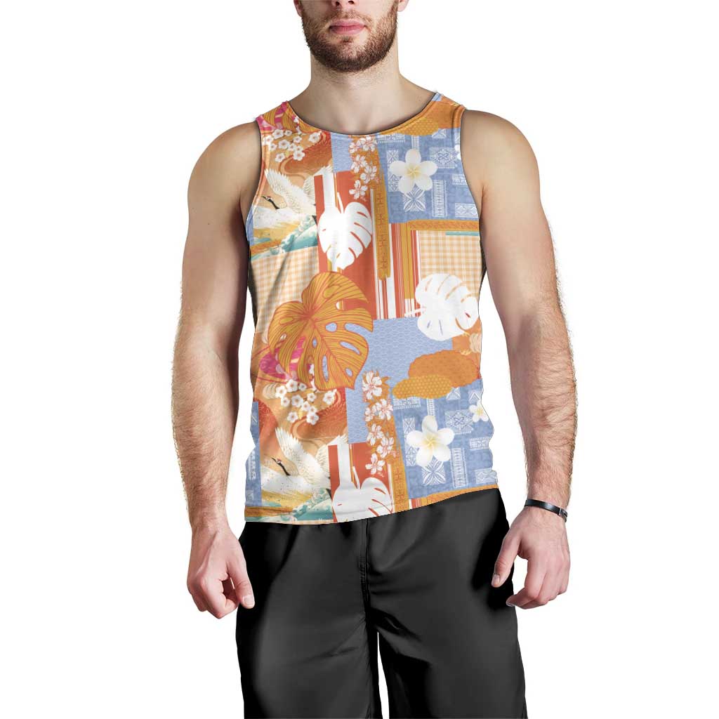 Hawaiian and Japanese Culture Together Men Tank Top Palaka Japanese Art and Tropical Motif Tribal Patchwork