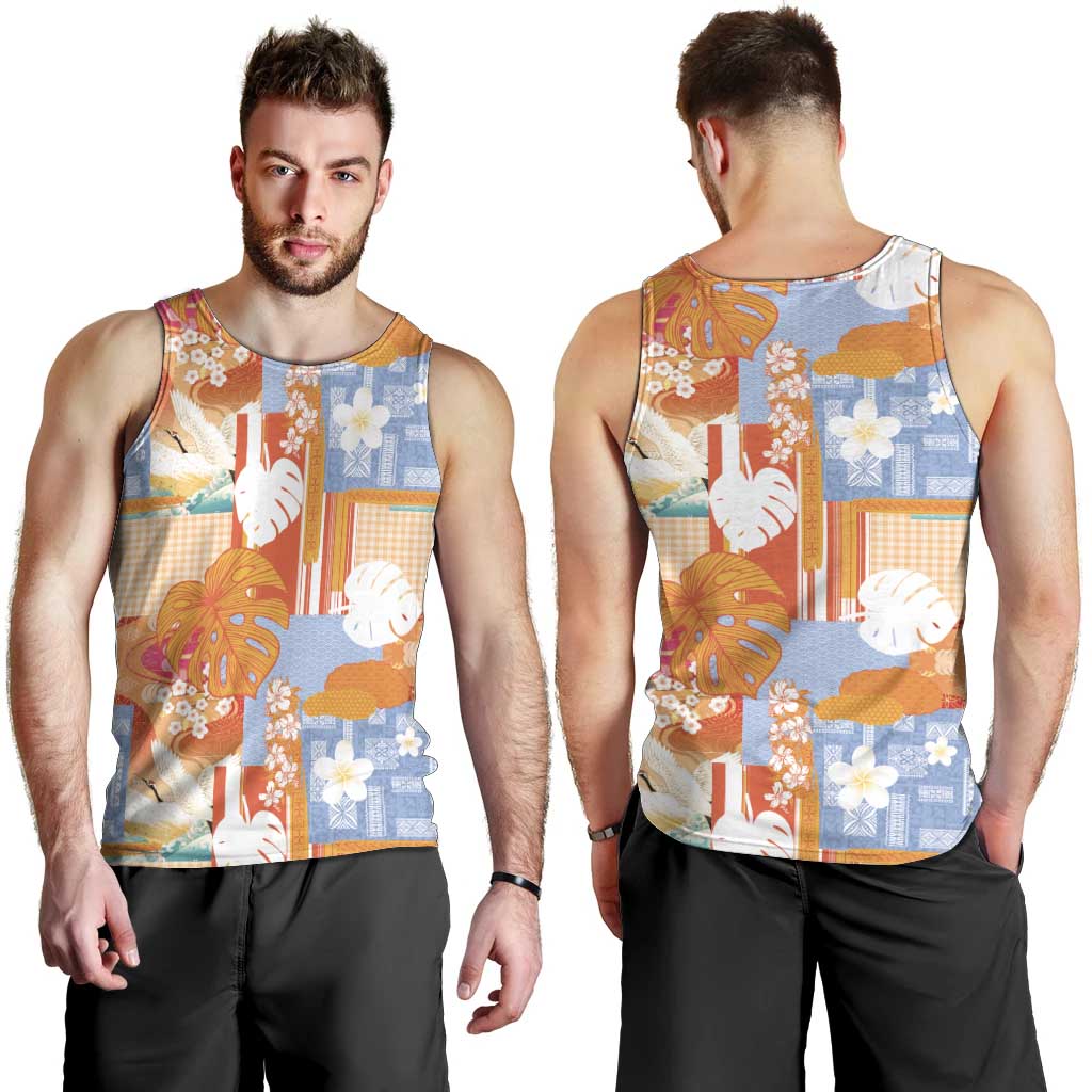 Hawaiian and Japanese Culture Together Men Tank Top Palaka Japanese Art and Tropical Motif Tribal Patchwork