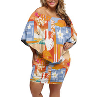 Hawaiian and Japanese Culture Together Off Shoulder Short Dress Palaka Japanese Art and Tropical Motif Tribal Patchwork