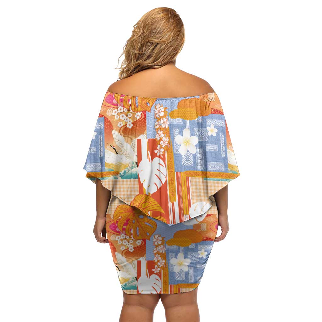 Hawaiian and Japanese Culture Together Off Shoulder Short Dress Palaka Japanese Art and Tropical Motif Tribal Patchwork