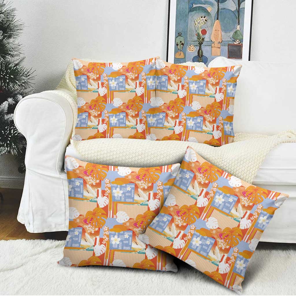 Hawaiian and Japanese Culture Together Pillow Cover Palaka Japanese Art and Tropical Motif Tribal Patchwork
