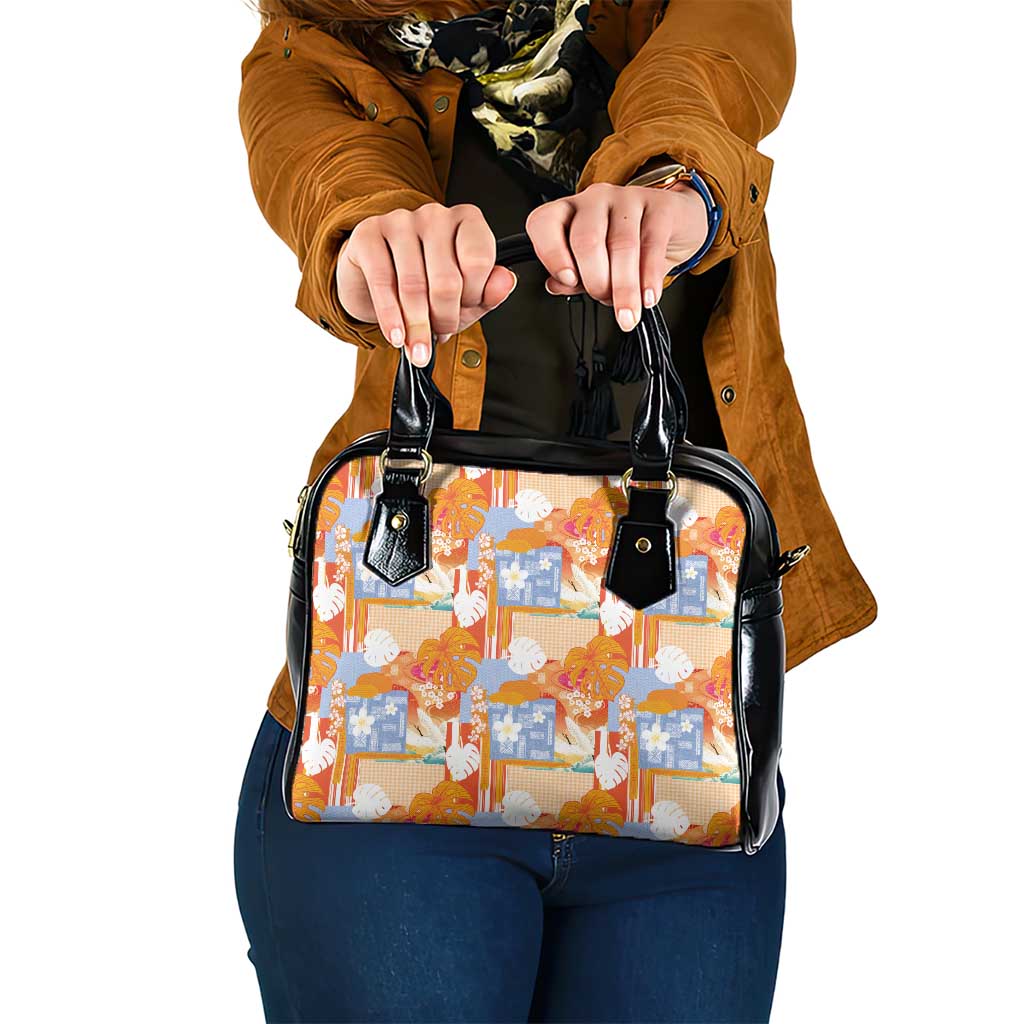Hawaiian and Japanese Culture Together Shoulder Handbag Palaka Japanese Art and Tropical Motif Tribal Patchwork