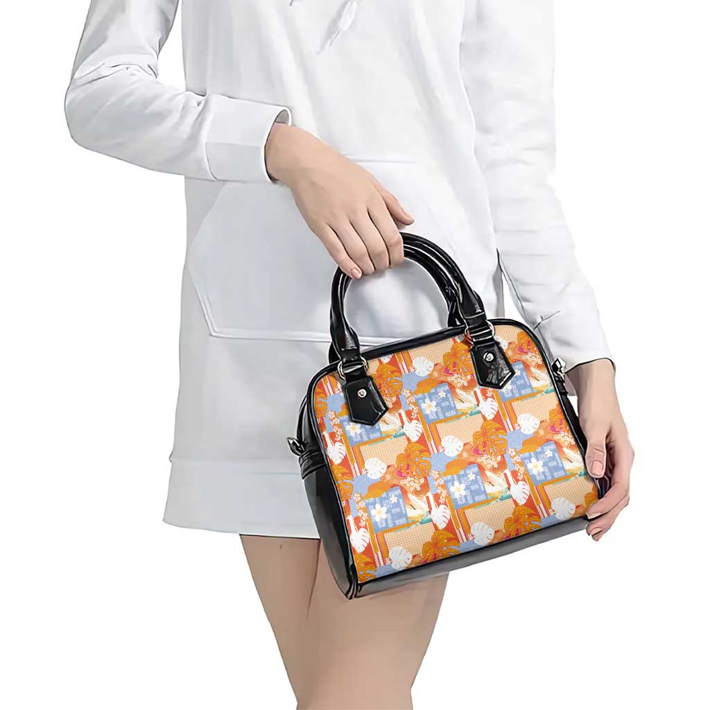 Hawaiian and Japanese Culture Together Shoulder Handbag Palaka Japanese Art and Tropical Motif Tribal Patchwork