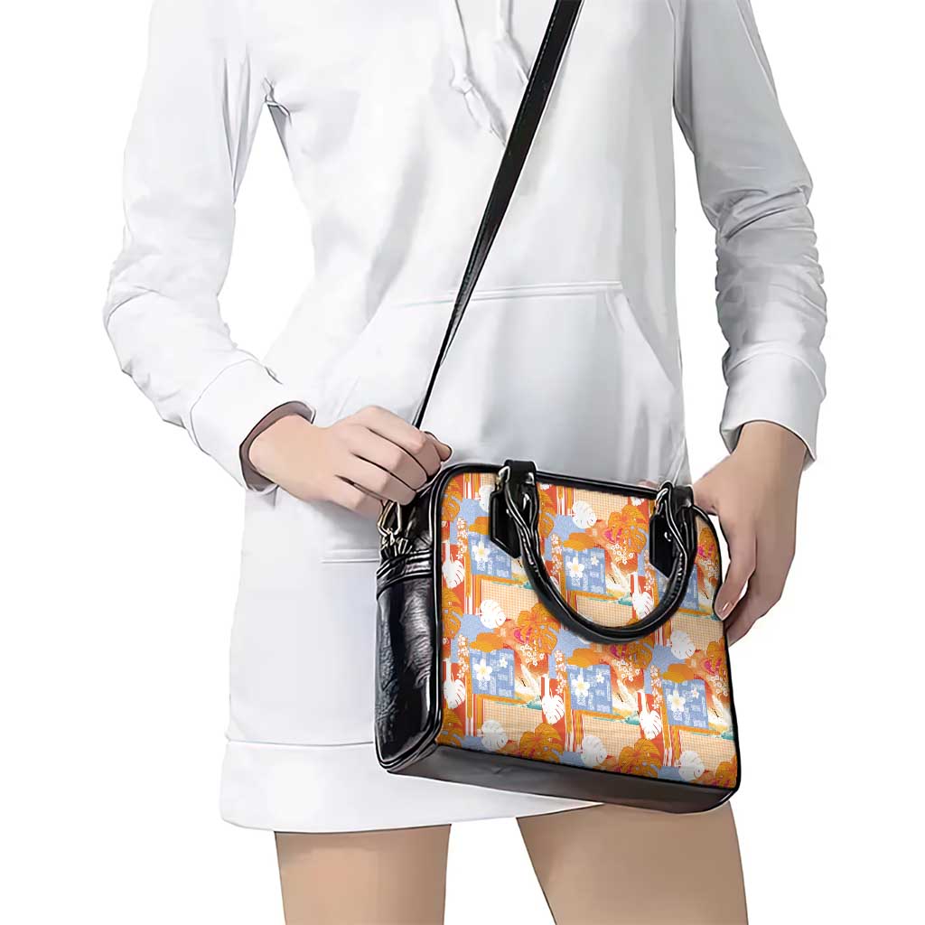 Hawaiian and Japanese Culture Together Shoulder Handbag Palaka Japanese Art and Tropical Motif Tribal Patchwork