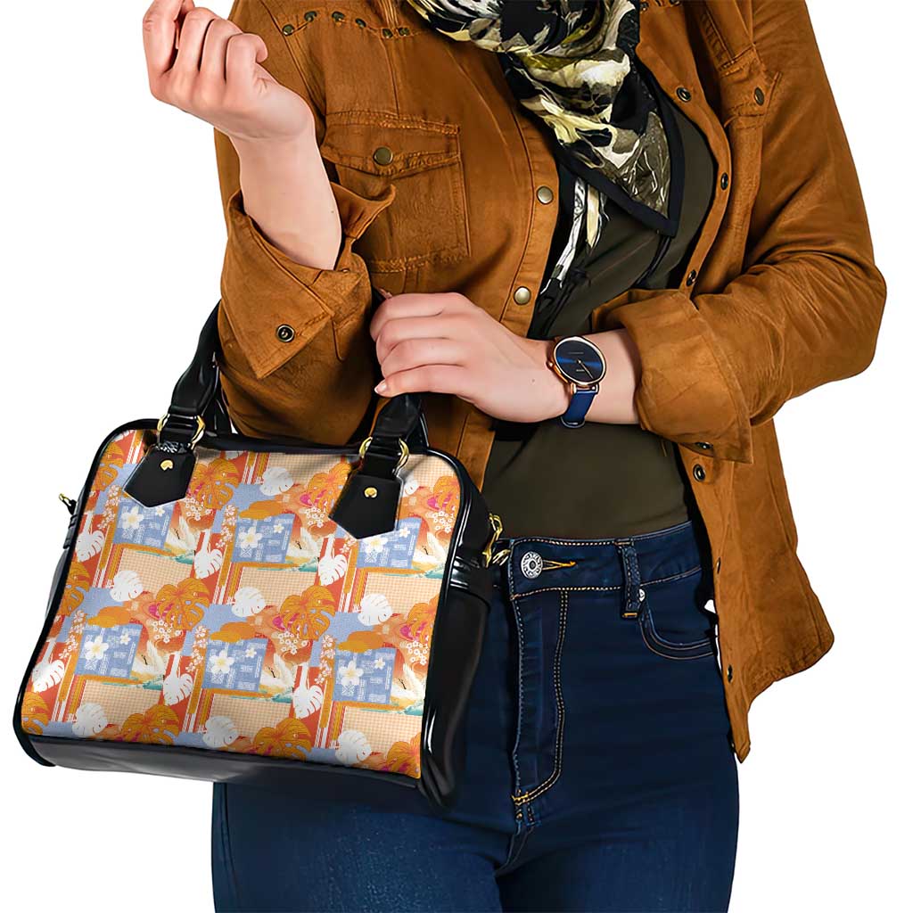 Hawaiian and Japanese Culture Together Shoulder Handbag Palaka Japanese Art and Tropical Motif Tribal Patchwork