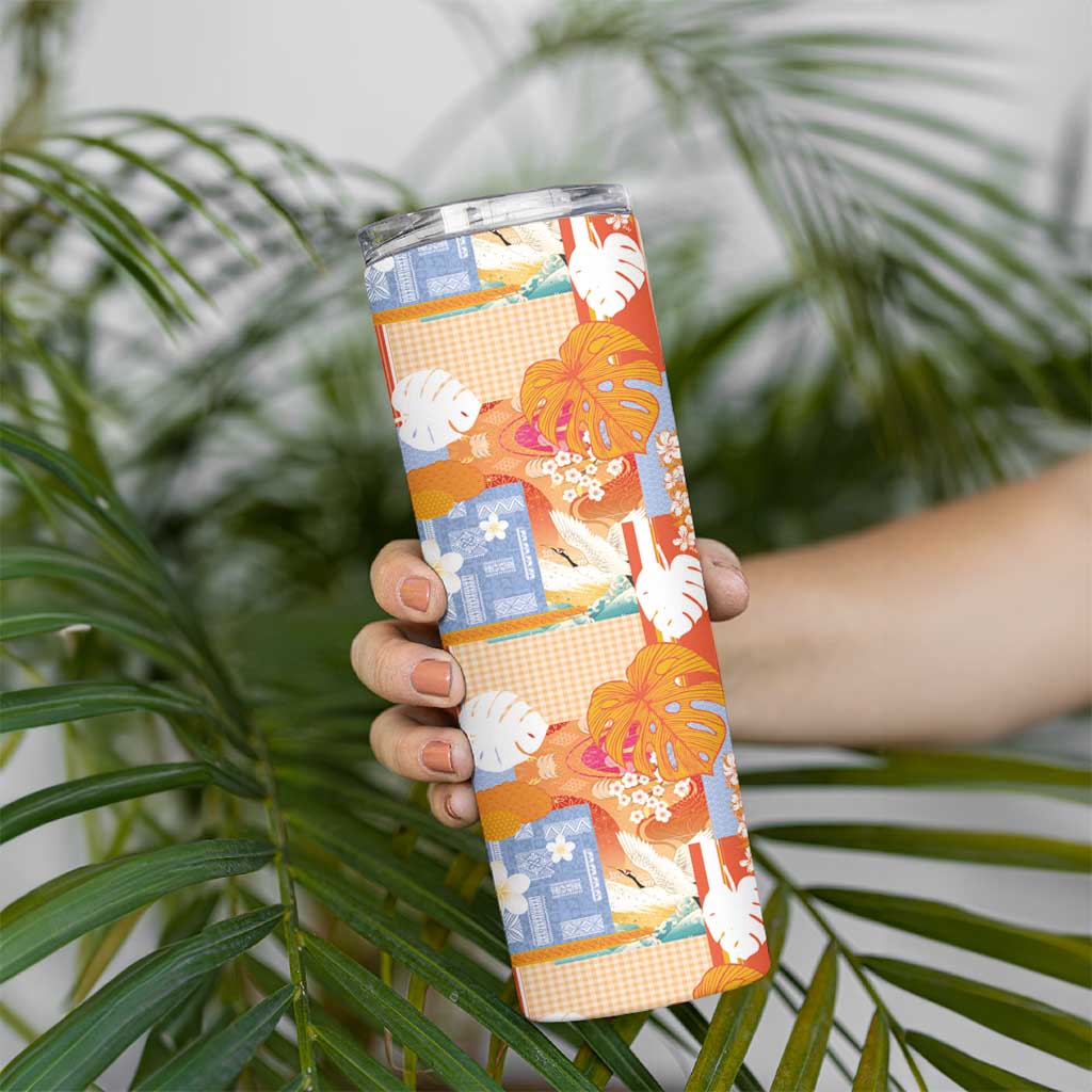 Hawaiian and Japanese Culture Together Skinny Tumbler Palaka Japanese Art and Tropical Motif Tribal Patchwork