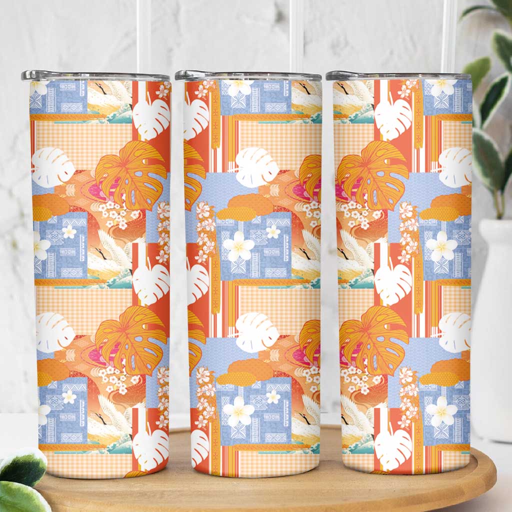 Hawaiian and Japanese Culture Together Skinny Tumbler Palaka Japanese Art and Tropical Motif Tribal Patchwork
