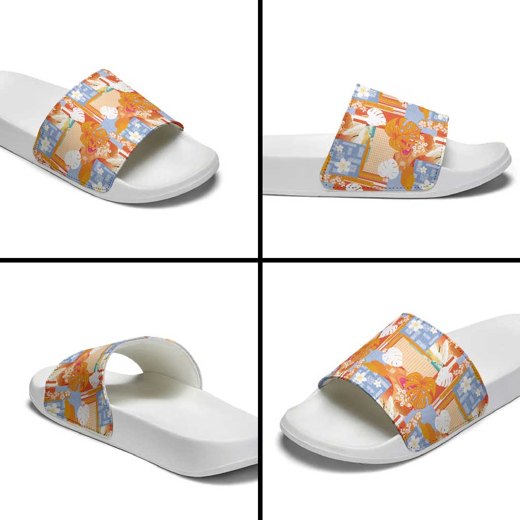 Hawaiian and Japanese Culture Together Slide Sandals Palaka Japanese Art and Tropical Motif Tribal Patchwork
