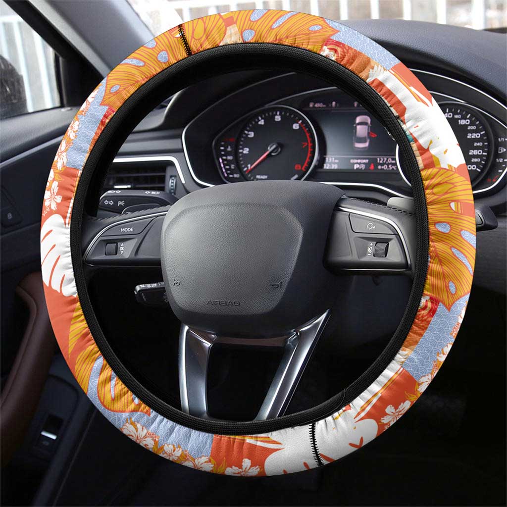 Hawaiian and Japanese Culture Together Steering Wheel Cover Palaka Japanese Art and Tropical Motif Tribal Patchwork