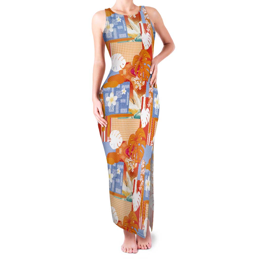 Hawaiian and Japanese Culture Together Tank Maxi Dress Palaka Japanese Art and Tropical Motif Tribal Patchwork