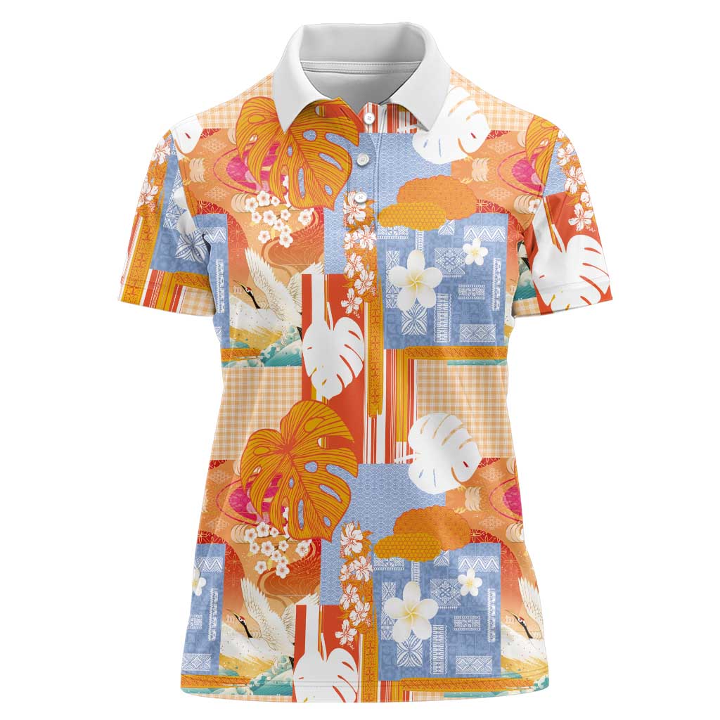 Hawaiian and Japanese Culture Together Women Polo Shirt Palaka Japanese Art and Tropical Motif Tribal Patchwork