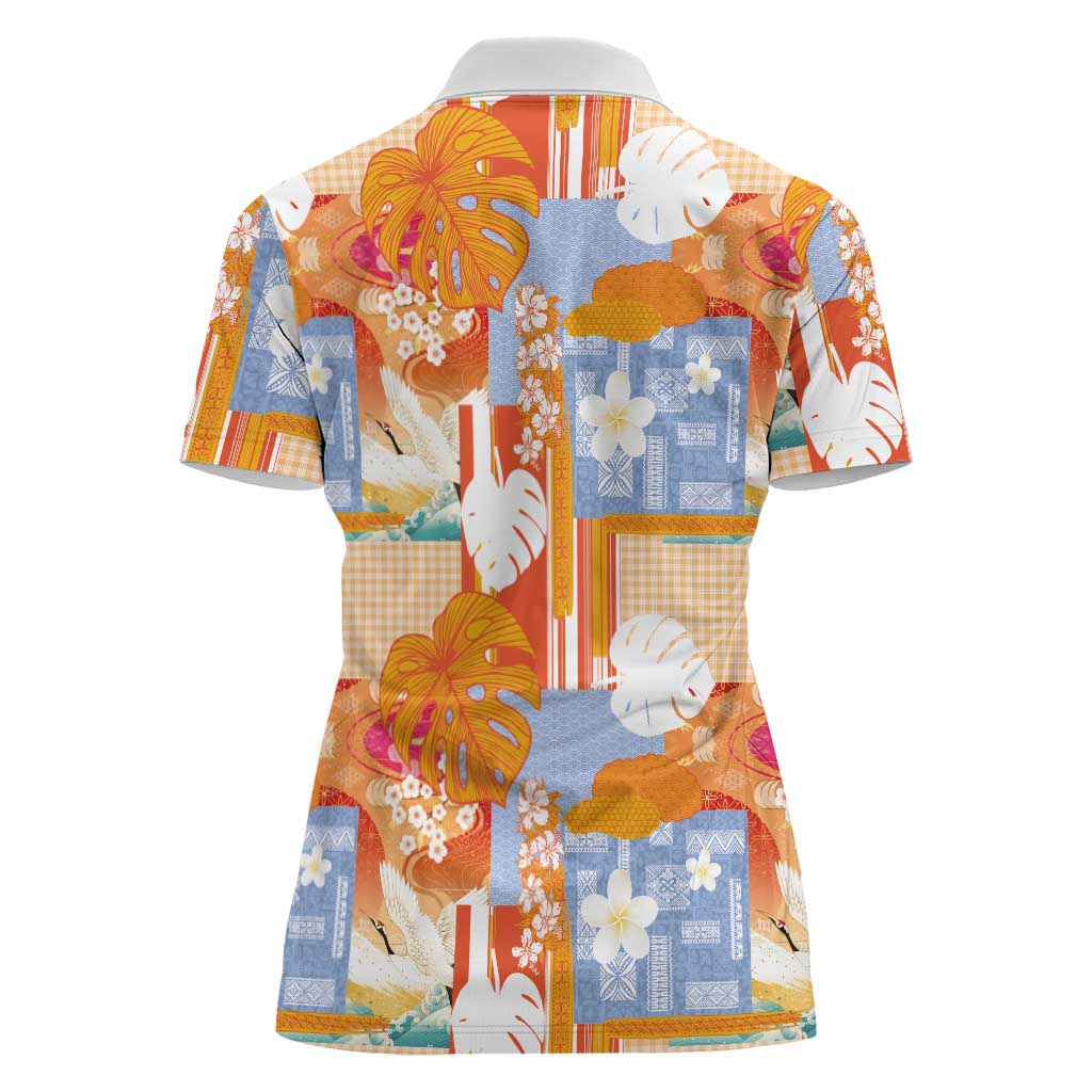 Hawaiian and Japanese Culture Together Women Polo Shirt Palaka Japanese Art and Tropical Motif Tribal Patchwork