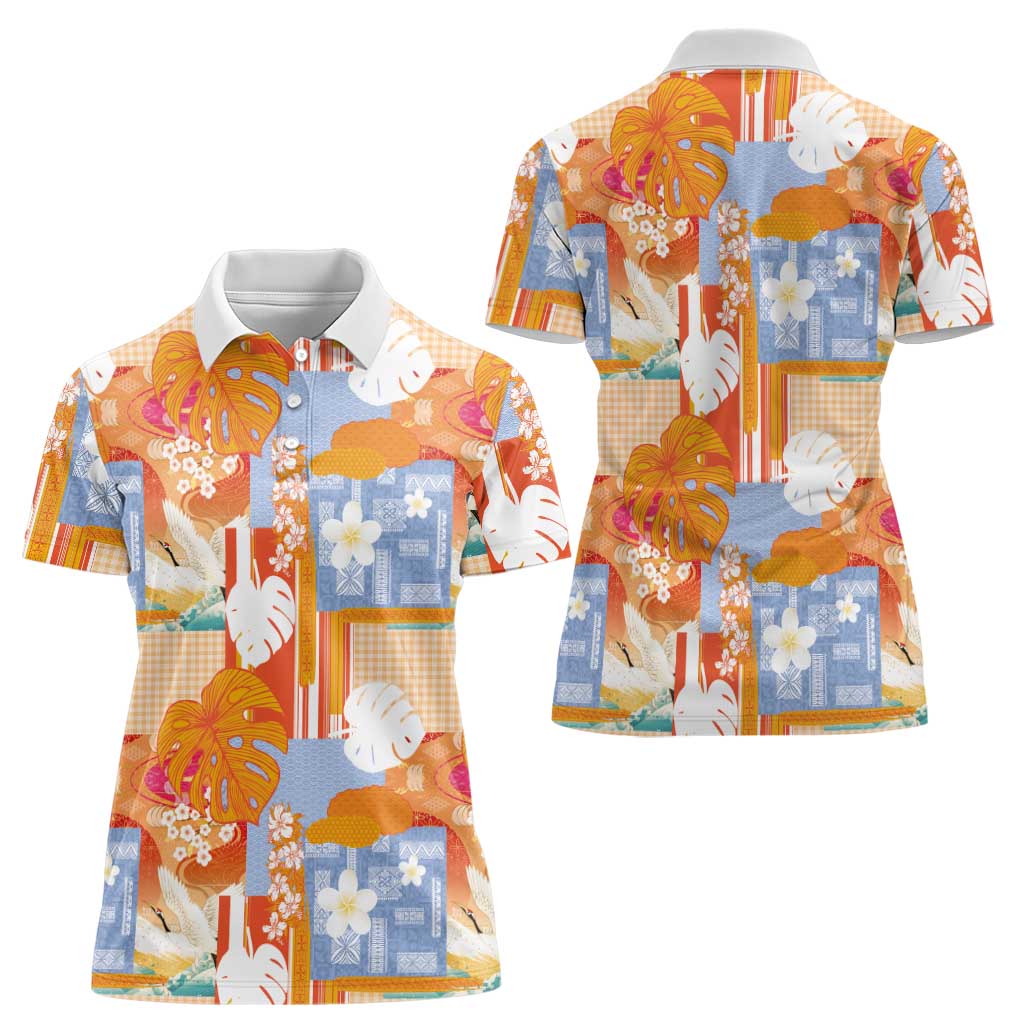 Hawaiian and Japanese Culture Together Women Polo Shirt Palaka Japanese Art and Tropical Motif Tribal Patchwork
