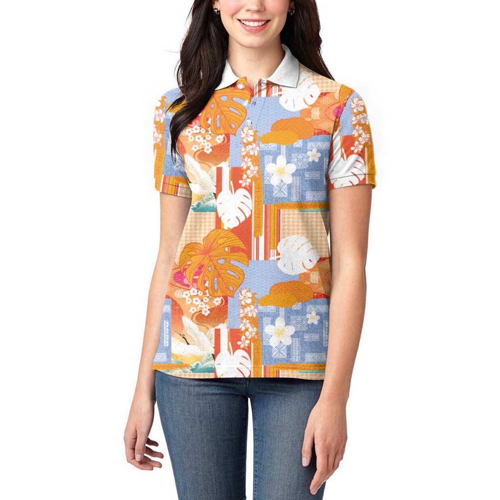 Hawaiian and Japanese Culture Together Women Polo Shirt Palaka Japanese Art and Tropical Motif Tribal Patchwork