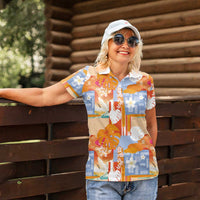 Hawaiian and Japanese Culture Together Women Polo Shirt Palaka Japanese Art and Tropical Motif Tribal Patchwork