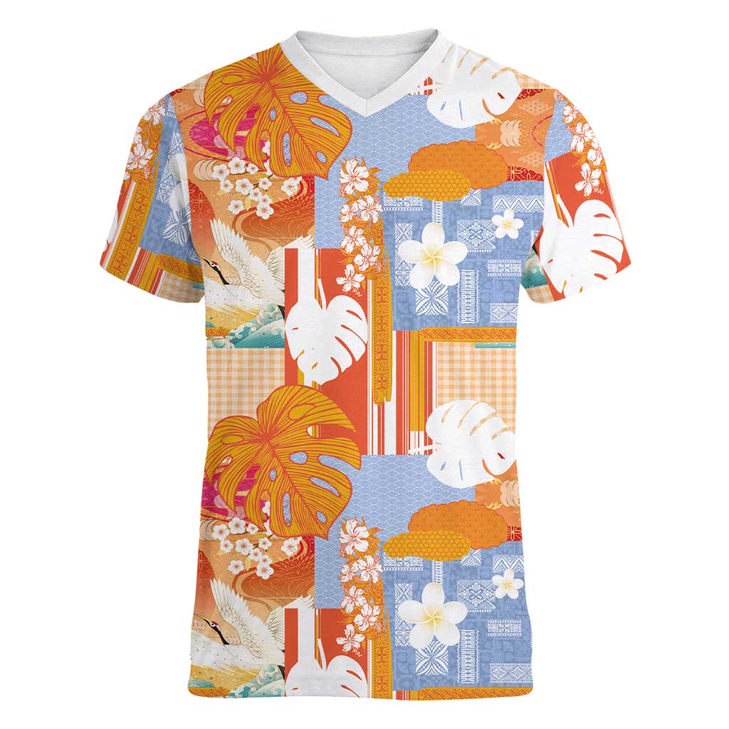 Hawaiian and Japanese Culture Together Women V-Neck T-Shirt Palaka Japanese Art and Tropical Motif Tribal Patchwork